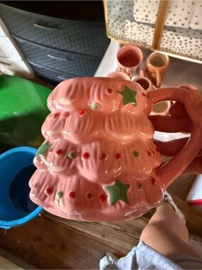Pink Ceramic Christmas Tree Mug with Green Star Details
